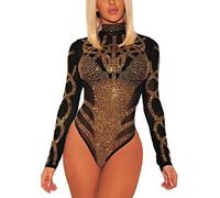 SEBOWEL Body Donna Sexy Elegante Mesh Trasparente Bustier Bodysuit Leotard Manica Lunga Blusa Camicie Top (XXL, Nero)