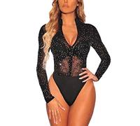 SEBOWEL Body Donna Sexy Elegante Mesh Trasparente Lingerie Bodysuit Leotard Manica Lunga Blusa Camicie Top Nero XXL