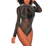 SEBOWEL Body Donna Sexy Elegante Mesh Trasparente Lingerie Bodysuit Leotard Manica Lunga Blusa Camicie Top (XXL, Nero)