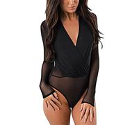 SEBOWEL Donna Body Sexy Eleganti Scollo a V Sheer Mesh a Maniche Lunghe Bodysuit Top Club del Partito Tuta Aderente Camicetta T-Shirt (S, Nero)