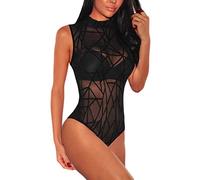 SEBOWEL Donna Pura Sexy Mesh Body Trasparente Senza Maniche Bodysuit Top Aderente Camicetta Maglietta Clubwear (M, Nero)