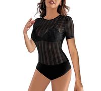 SEBOWEL Mesh Body da Donna Elegante Scollo Rotondo a Maniche Corte Bodysuit Donna Body Nero L