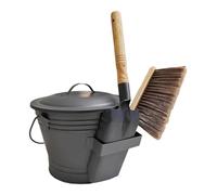 Secchiello per cenere in metallo resistente, secchio per con coperchio, pala e scopa, design resistente al calore, per interni, esterni, braciere, stufe a legna, patio, pulizia
