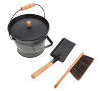 Secchio Cenere Stufa in Acciaio Inox con Manico Legno e coperchio | Paletta e Spazzola, Vano Integrato, Uso Domestico Interno, Nero, Design Contemporaneo
