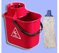 Secchio in Plastica 14lt con strizzino + 1 mop, ideale per pulire i pavimenti con comodo alloggiamento ferma manico, per mop e mocio con strizzatore - Midor (Rosso)