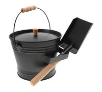 Secchio per Cenere con Coperchio e Pala, Manico in Legno | Acciaio Inossidabile Nero, Scomparto Integrato e Strumenti Inclusi, per Camini e Riscaldamenti a Legna