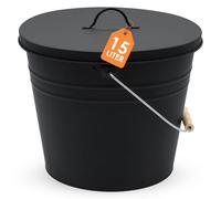 Secchio per cenere di zinco, ovale, con manico in legno e coperchio, 15 l, colore nero, per piantare o trasportare, decorazione da giardino, secchio per cenere, secchio per piante e spumanti