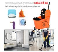 Secchio per Mocio Professionale 36L, Carrello Lavapavimenti con Strizzatore Manuale e 2 Secchi, Arancione e Nero
