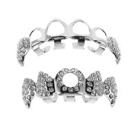 SECFOU Set 1 Denti da Vampiro Argento Design a Zanna, in Rame e Strass, Facili da Installare, Compatibili Varie Forme Dentali per Halloween e Cosplay