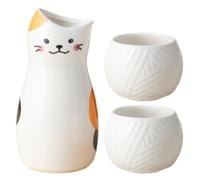 SECFOU Set di 1 Bottiglia e Tazze da Sake in Ceramica Bianca Stile Giapponese Forma di Gatto, Capacità 285ml e 100ml, per Occasioni Speciali e Vetrina