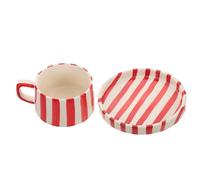 SECFOU Set Tazze da Caffè e Piattini in Ceramica Creativa a Righe, Tazza da Cappuccino Manico per Latte Art, Adatta per Ufficio e Pausa Tè Pomeridiana, Colore Rosso