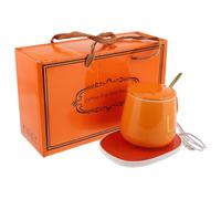 SECFOU Tazza Elettrica Riscaldata Multifunzionale in Ceramica con Coperchio e Cucchiaio, Set da 1 per Scrivania, per Ufficio e Feste di Natale, Colore Arancia