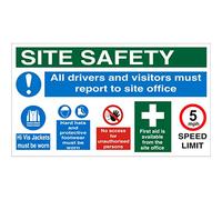 Seco Cartello con scritta "Site Safety, All Drivers and Visitors Must Report to Site Office, 800 mm x 450 mm - 3 mm schiuma PVC