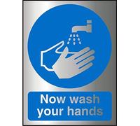 Seco Cartello "Now Wash Your Hands", 150 mm x 200 mm - 2 mm, effetto alluminio spazzolato acrilico