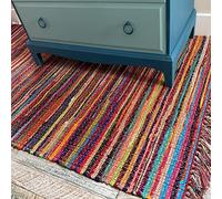 Second Nature Online - Tappeto Festival ecosostenibile, con Frange Multicolore, Tessuto a Mano con Strisce di Materiale Riciclato - 70 cm x 140 cm
