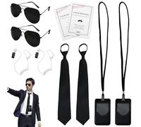 Secret Agent Costume Accessori, 10 Pz Guardia di Sicurezza Uomini in Costume Nero con Fermacravatta Occhiali da sole, Porta Carte di Credito, Tubo per auricolari, Carta per Adulti Bambini Libro