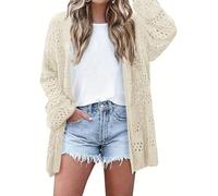 SECRETEYARD Cardigan da Donna all'Uncinetto, Estivo, Bohémien, a Maniche Lunghe, Leggero, Morbido, Oversize, Aperto sul Davanti, Top Lavorato a Maglia, Beige, M