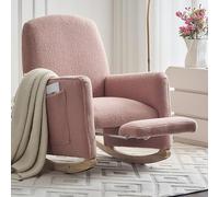 Sedia a dondolo con sgabello, poltrona relax con pouf, sedia a dondolo per interni con schienale alto per il soggiorno in tessuto rosa Teddy