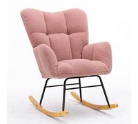 Sedia a dondolo Mid-Century in peluche, braccioli ergonomici, schienale imbottito, silenziosi, pattini in legno, ideale per soggiorno e camera da letto