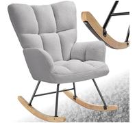 TecTake® Sedia A Dondolo, Imbottitura in Gommapiuma, Tessuto Bouclé, Motivo Trapuntato, Schienale Alto, Braccioli Larghi, Telaio in Acciaio, Pattini In Legno Massiccio, Design Moderno -Grigio Chiaro