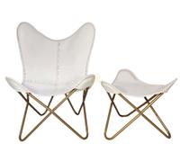 Sedia A Farfalla In Pelle Fatta A Mano Con Pouf - Sedia/Scaletta Bianca