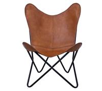 Shy Shy Let's Touch The Sky Butterfly Chair - Sedia da soggiorno in pelle marrone chiaro con base in metallo nero (struttura in ferro con rivestimento marrone)