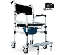 Sedia a rotelle per doccia - Comoda sedia a rotelle con cuscino in pelle PU nera, Secchio staccabile e ruote, Sedia da toilette per trasporti pesanti per Anziani Disabili