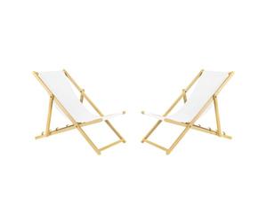 Sedia a sdraio pieghevole in legno, set da 2 pezzi, colore bianco, sdraio pieghevole e regolabile, per giardino, spiaggia e balcone, sdraio da giardino con rivestimento in tessuto traspirante, tessuto