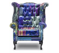 Sedia Chesterfield Queen Anne con schienale alto, tappezzeria in velluto patchwork, poltrona con schienale alato fatto a mano con profondo trapuntatura a bottoni, gambe in mogano e telaio in legno
