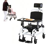 Sedia Comoda per WC Sedia da Doccia con Ruote Sedile Imbottito e Freni Sedia a rotelle reclinabile con Funzione di inclinazione Secchio per WC e Piano d'appoggio