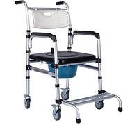 Sedia da comodino 4 in 1, Sedia a rotelle per WC con 4 ruote frenanti, Sedia a rotelle per doccia da trasporto per Anziani Feriti e Disabili, Telaio in lega di alluminio
