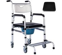 Sedia da comodino 4 in 1, Sedia a rotelle per WC con 4 ruote frenanti, Sedia a rotelle per doccia da trasporto per Anziani Feriti e Disabili, Telaio in lega di alluminio