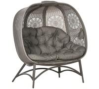 Sedia da giardino Outsunny, sedia pieghevole a 2 posti con cestino e cuscino, sedia a sdraio per balcone e terrazza, acciaio color sabbia, 126 x 75 x 142 cm