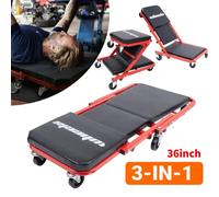 Sedia da Meccanico 3-in-1 con Ruote, 36'' Pieghevole, per Garage, Riposo e Riposone, per Riparazioni Auto, Rosso e Nero