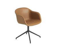 Sedia da Pranzo Fiber con Braccioli e Base Girevole Rivestita in Pelle Cognac/ Nero