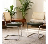 Sedia da Pranzo in Ecopelle e Rattan, Design Breuer, Verde, Set di 2