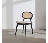 Sedia in legno di hevea nero, tessuto écru e rattan