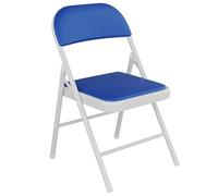 Sedia pieghevole con struttura in acciaio, design salvaspazio, comoda seduta imbottita, ideale per riunioni in ufficio e scuola, disponibile nei colori verde e blu.