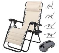 Sedia Poltrona Giardino Zero Gravity Pieghevole Acciaio Oxford con Vassoio Beige