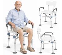 BAKAJI Sgabello da Doccia con Schienale e Braccioli, Struttura Alluminio e Seduta Ergonomica in HDPE, Sedile da Bagno per Anziani, Disabili e Persone con Mobilità Ridotta, Regolabile Altezza 78-88cm