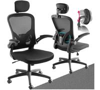 TecTake® Sedia da Ufficio Ergonomica, Schienale Alto con Poggiatesta Regolabile, Sedia Ufficio con Supporto Lombare, Altezza Regolabile, Braccioli Pieghevoli, Rivestimento in Tessuto a Rete - Nero