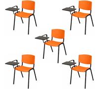 SEDIAOFFICE - 5 Sedie Ufficio Senza Ruote con Bracciolo e Tavoletta, Sedia Scrivania per Studio, Sala Riunioni e Conferenze, Comoda Sedia Ufficio Economica in Plastica resistente (Arancio)