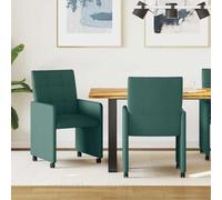 Sedie da pranzo con ruote, confezione da 2 pezzi, tessuto verde scuro | Schienale ergonomico, imbottitura in tessuto morbido, ruote per mobilità, braccioli dritti, facile da montare
