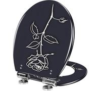 Sedile WC allungato con cerniere a sgancio rapido che si chiudono | Viene fornito con custodia, realizzato in resina, con una decorazione realistica di rose bianche e nere disegnate a mano,
