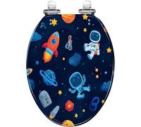Sedile WC allungato con chiusura ammortizzata a sgancio rapido e silenzioso | Materiale in resina, design con pianeti, costellazioni, stelle, astronauti, razzi e spazio aperto, facile da installare,