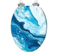 Sedile WC allungato con chiusura lenta e silenziosa e sgancio rapido. | Cover in resina con texture effetto marmo dipinta a mano, blu argento, astratta e creativa, paraurti inclusi, facile da