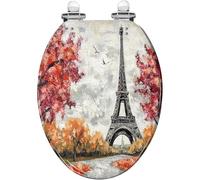 Sedile WC allungato di marca con chiusura ammortizzata e silenzioso per il | Design ispirato ai monumenti di Parigi, materiale in resina, cerniere a sgancio rapido, facile da pulire.