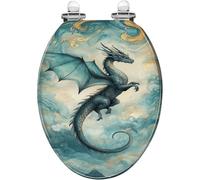Sedile WC allungato generico con chiusura ammortizzata a sgancio rapido e | Resina decorativa effetto cielo marmorizzato oro turchese, facile da installare, con copertura, motivo che si libra in volo.