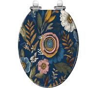 Sedile WC allungato generico con chiusura ammortizzata a sgancio rapido e | Stampa botanica floreale vintage nei toni del blu, rosa e bianco, cover in resina scura con paraurti, facile da installare e