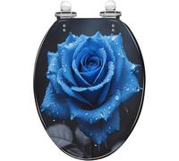 Sedile WC allungato generico con chiusura ammortizzata e sgancio rapido per | Design con rose blu bagnate di rugiada, materiale in resina, stile decorativo, facile da pulire, facile da installare,